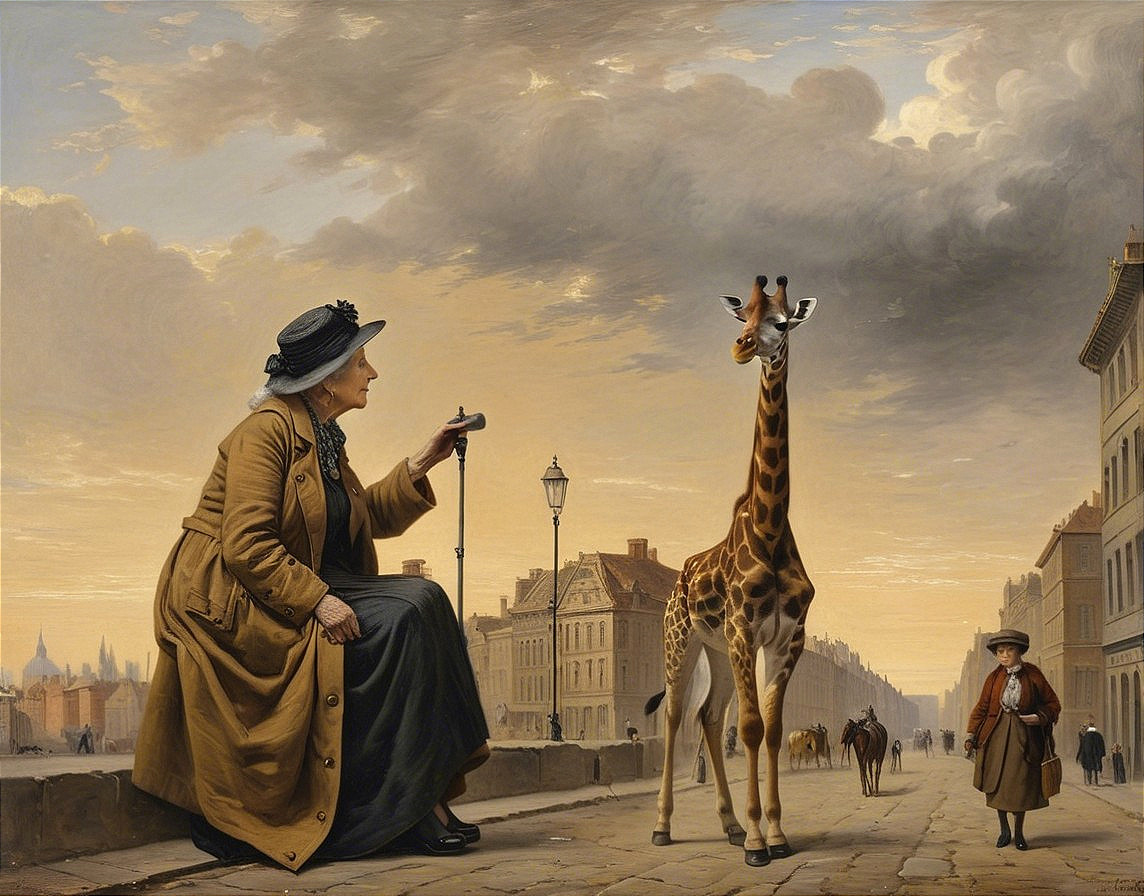 Grandmotherly Woman and Giraffe in Urban Dusk Scene
