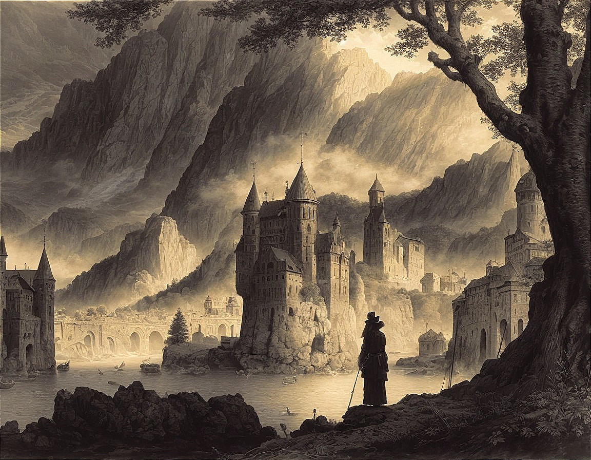 Monochrome Landscape with Castle and Misty Mountains