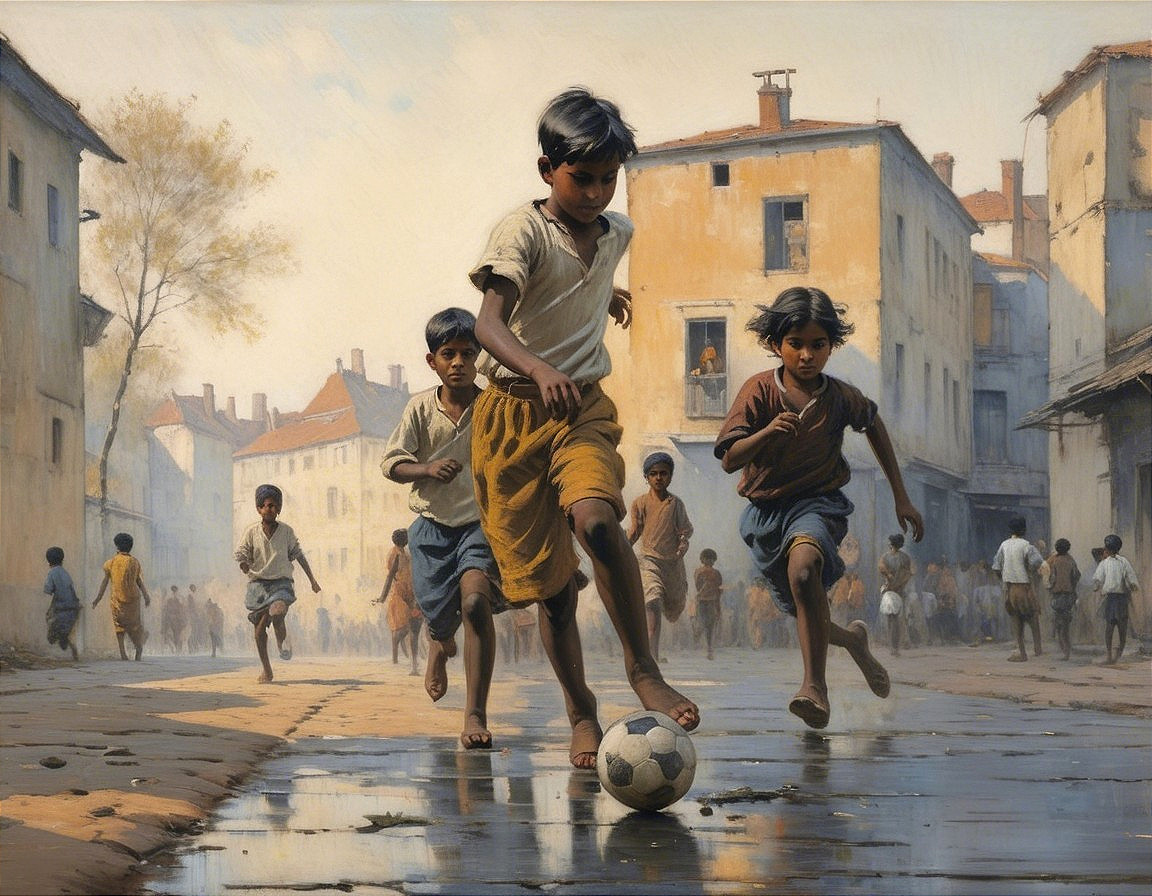 Boys Playing Soccer on a Sunlit Rain-Soaked Street