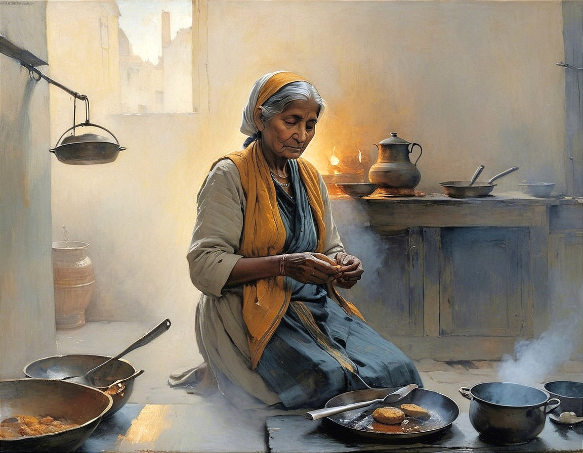 Elderly Woman Shaping Dough in Rustic Kitchen Setting