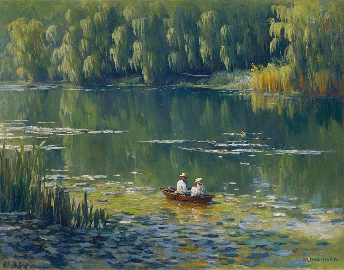 Serene Lake Scene with Boat and Water Lilies