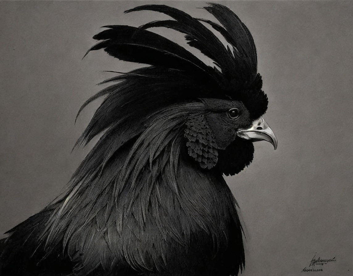 Black Chicken with Intricate Feather Mane and Regal Look