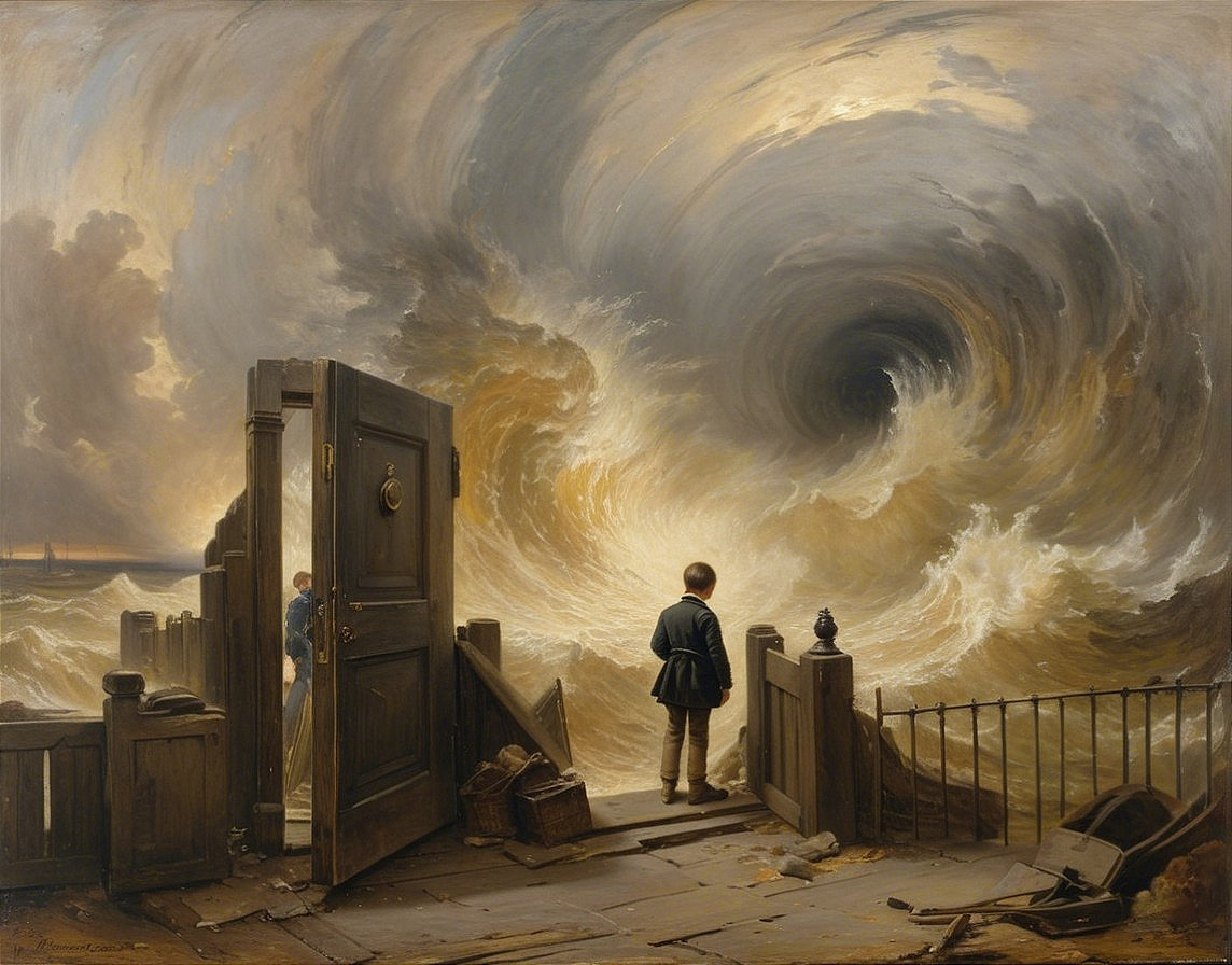 Boy at Open Door Overlooking Turbulent Sea Scene