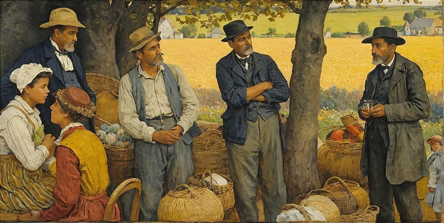 Rural Gathering Under Tree with People and Produce