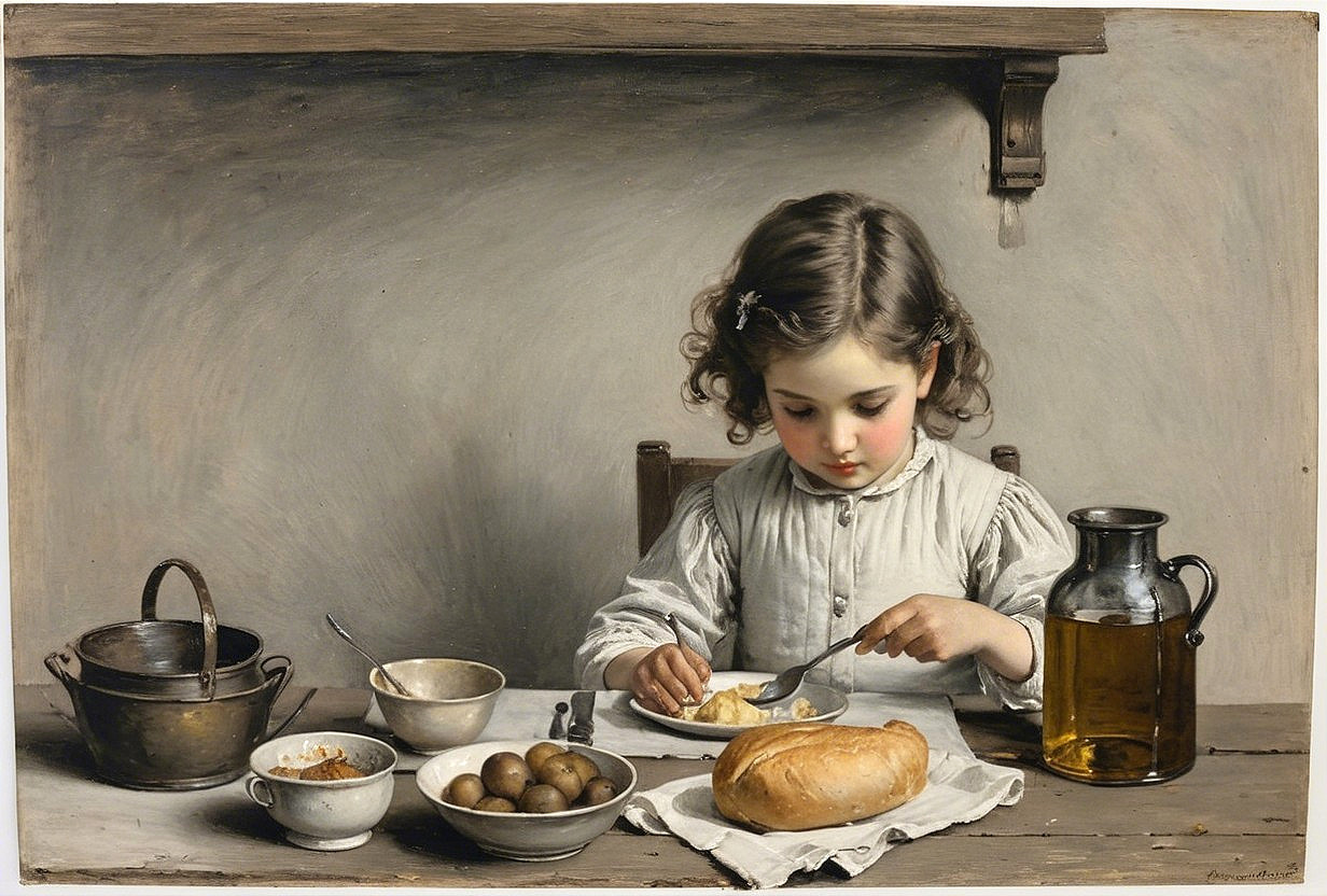 Young girl slicing bread in a rustic setting