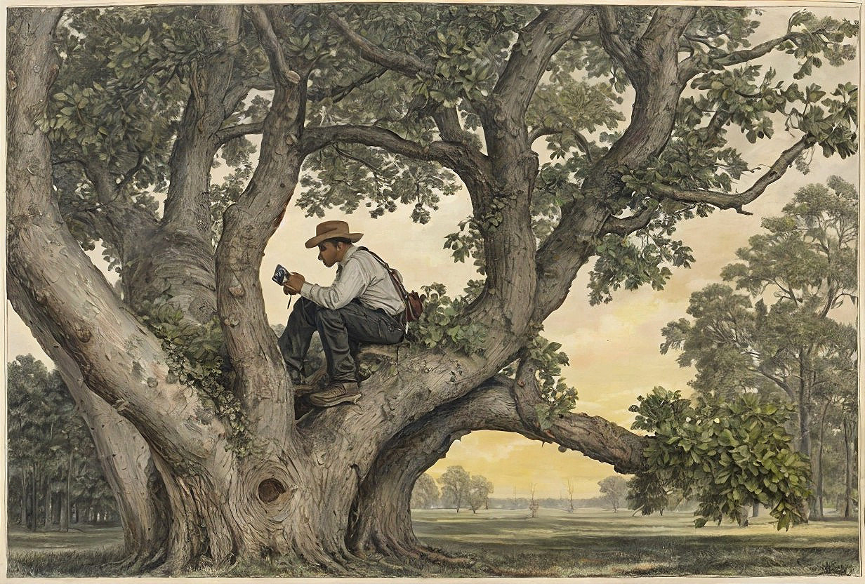 Man Reading on Tree Branch in Serene Landscape