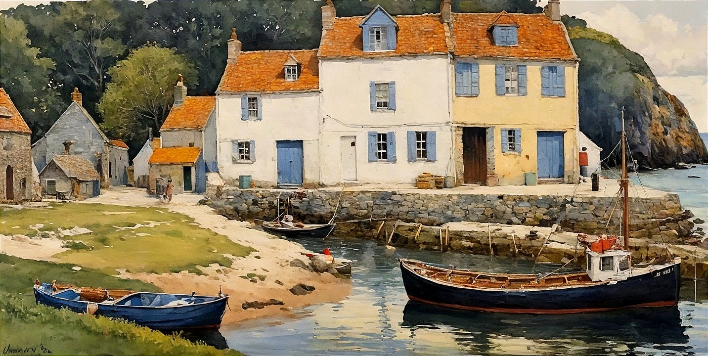 Coastal Scene with Quaint Houses and Harbor View