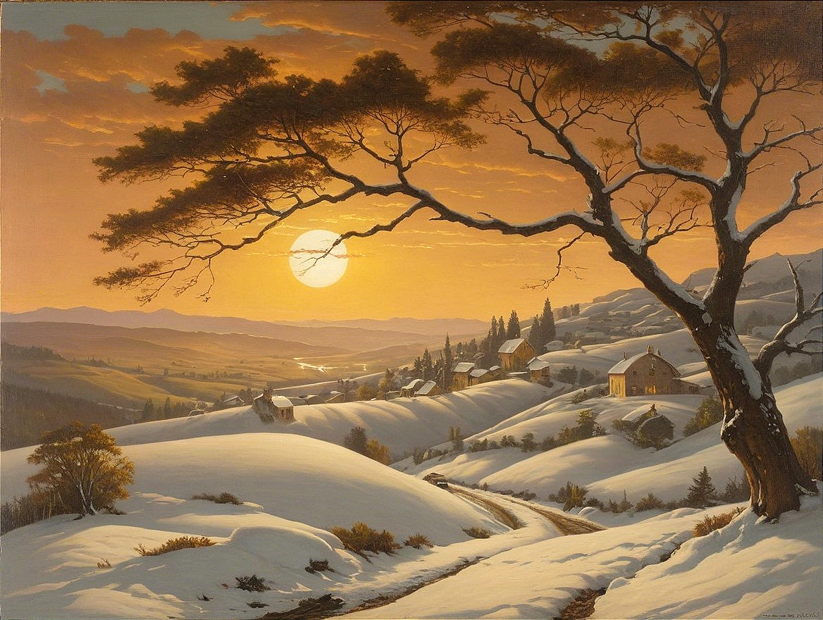 Serene Winter Landscape with Golden Sunset Light