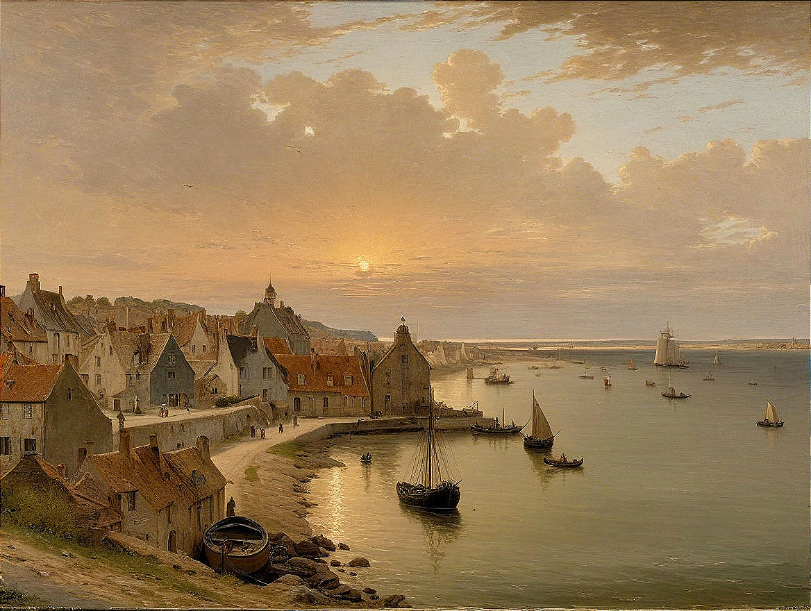 Serene Coastal Village at Sunset with Warm Hues