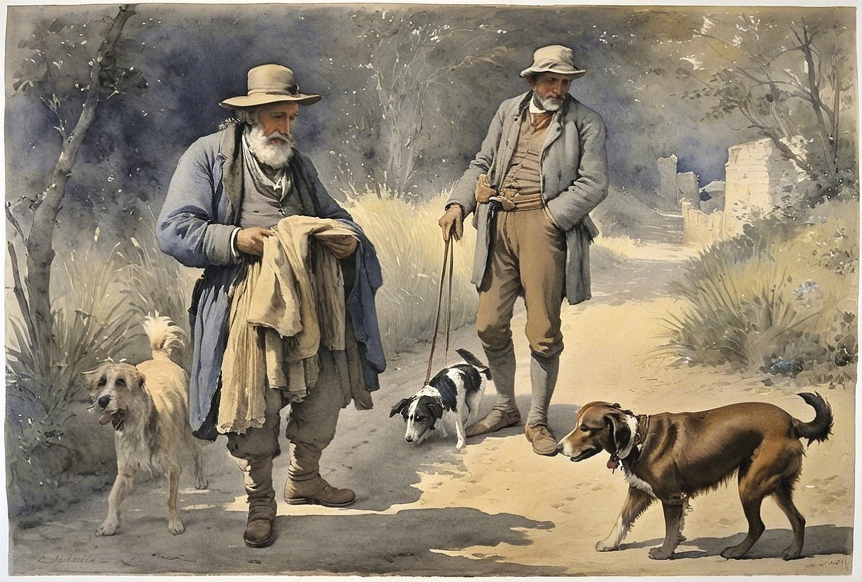 Elderly Men with Dogs on a Rural Pathway Scene