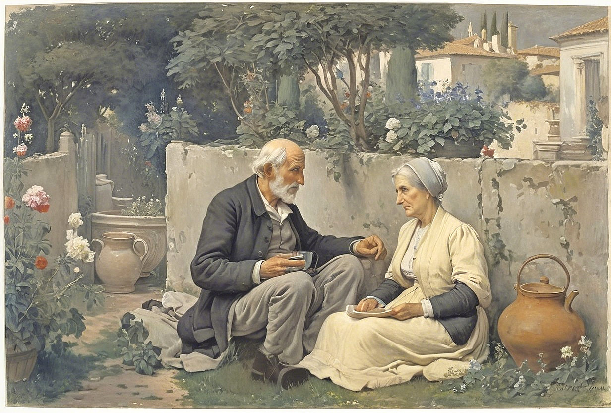 Elderly Couple in Garden Surrounded by Nature's Beauty