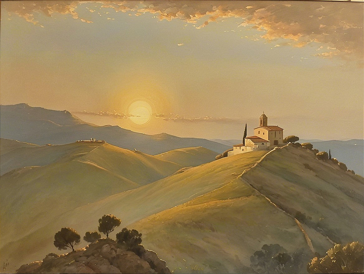 Serene Landscape with Hills and Sunset Over Church