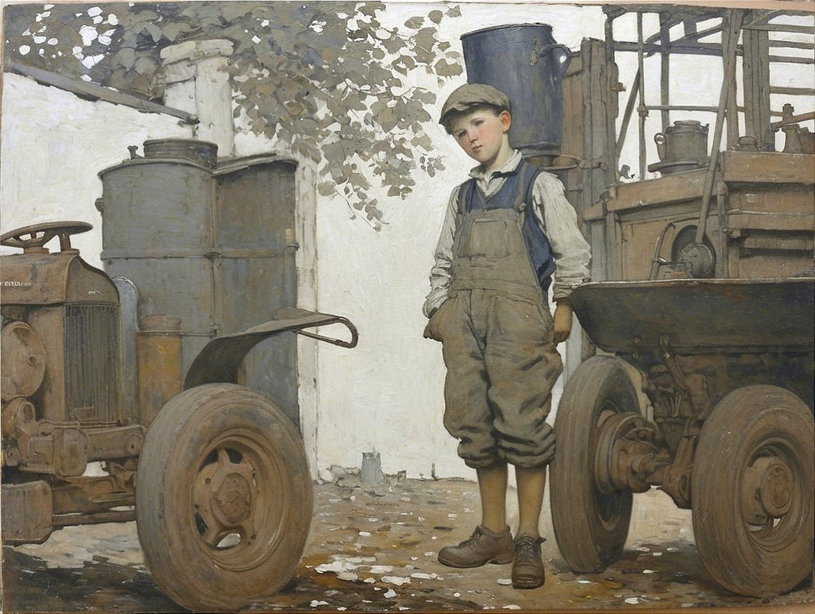 Young Boy in Overalls Amidst Vintage Machinery