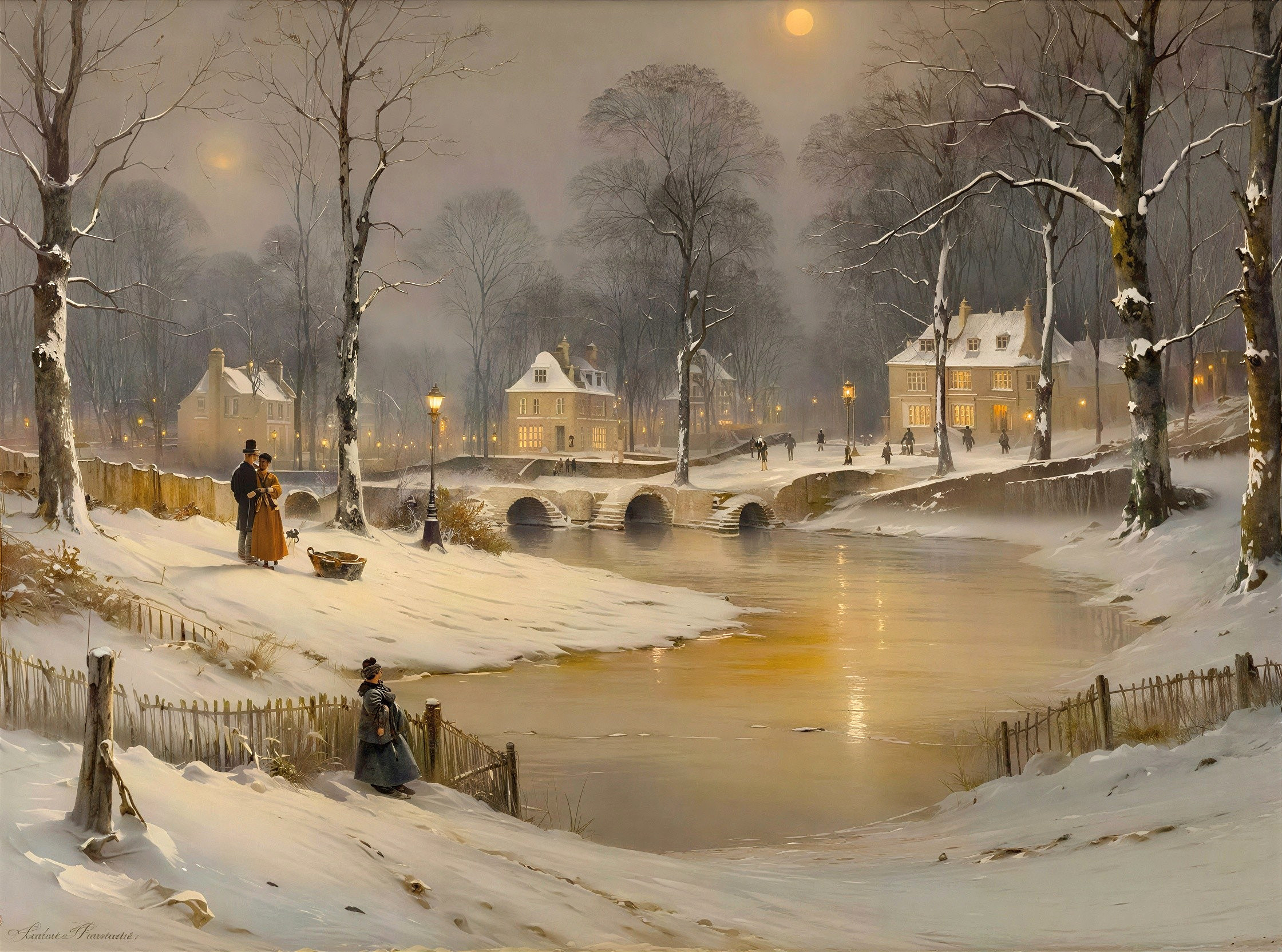 Winter Landscape with Snow-Covered Village at Night