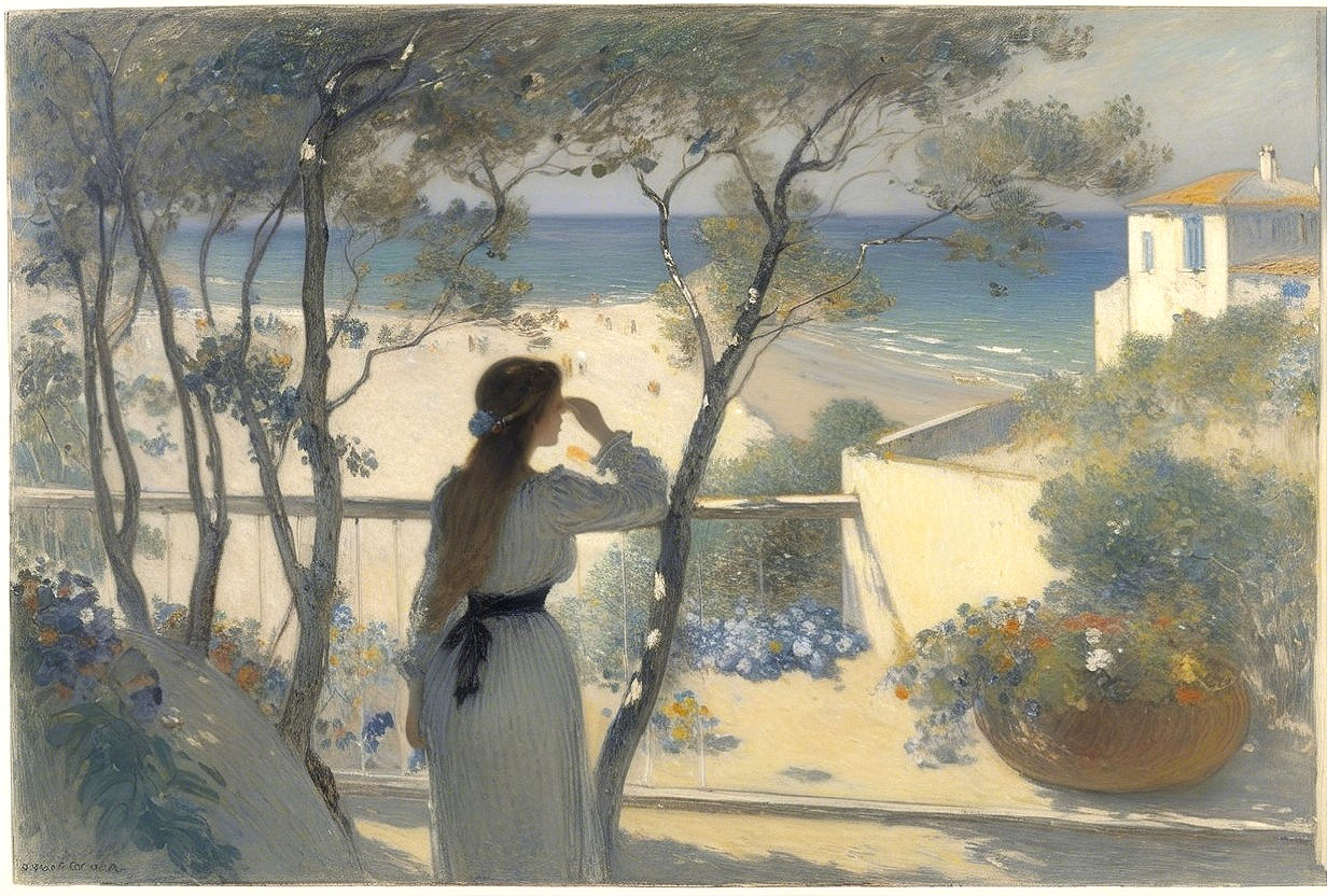 Coastal Scene with Woman on Flower-Adorned Balcony