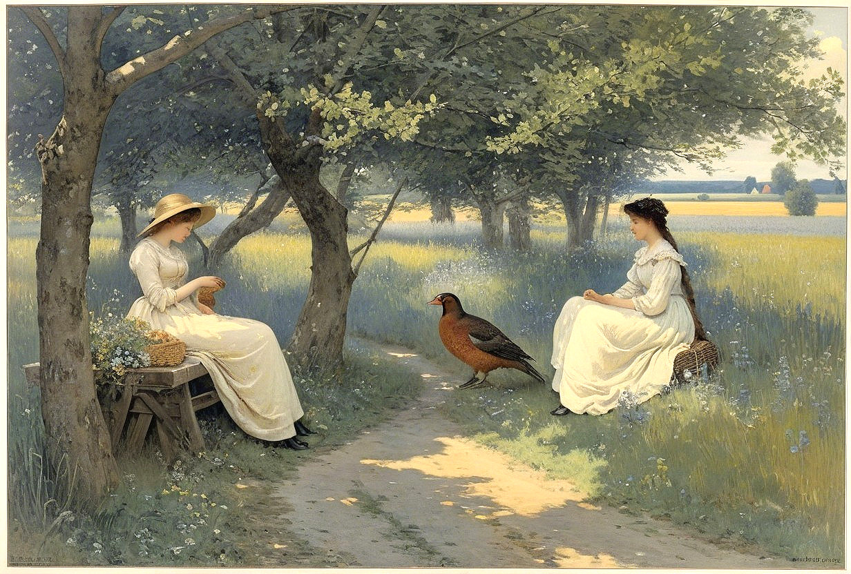 Women in White Dresses Knit Under Lush Trees