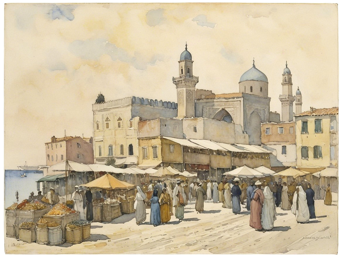 Lively Coastal Market with Colorful Canopies and Domes