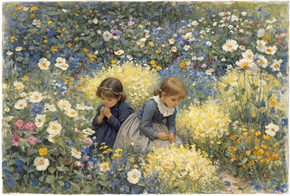 Young girls in a colorful meadow of wildflowers