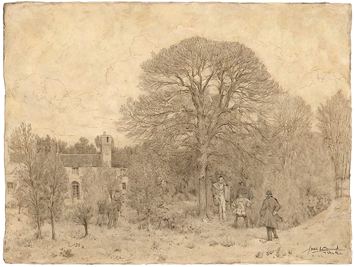 Pastoral landscape with tree, figures, and building