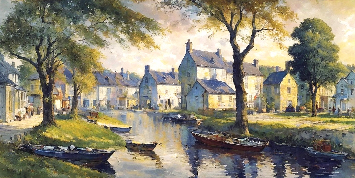 Serene Riverside Village with Quaint Houses and Boats