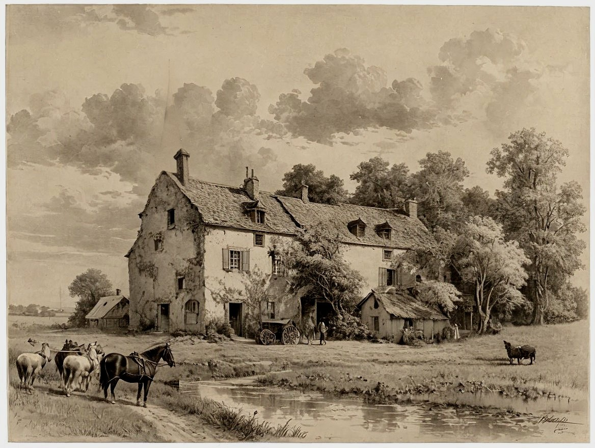 Serene Rural Scene with Farmhouse and Grazing Animals