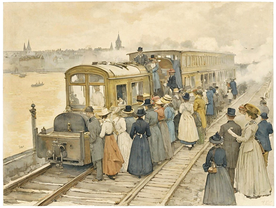 Historic Train Station Scene with Steam Locomotive