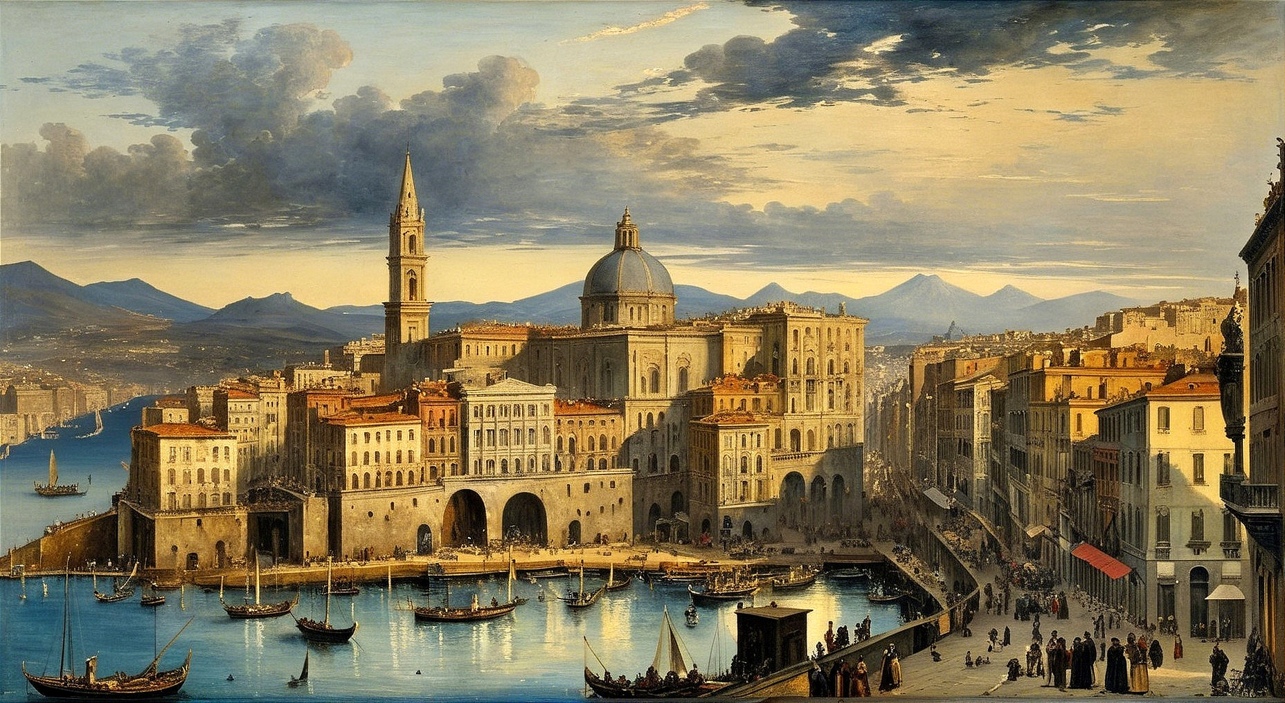 Vibrant Coastal Cityscape with Harbor and Hills