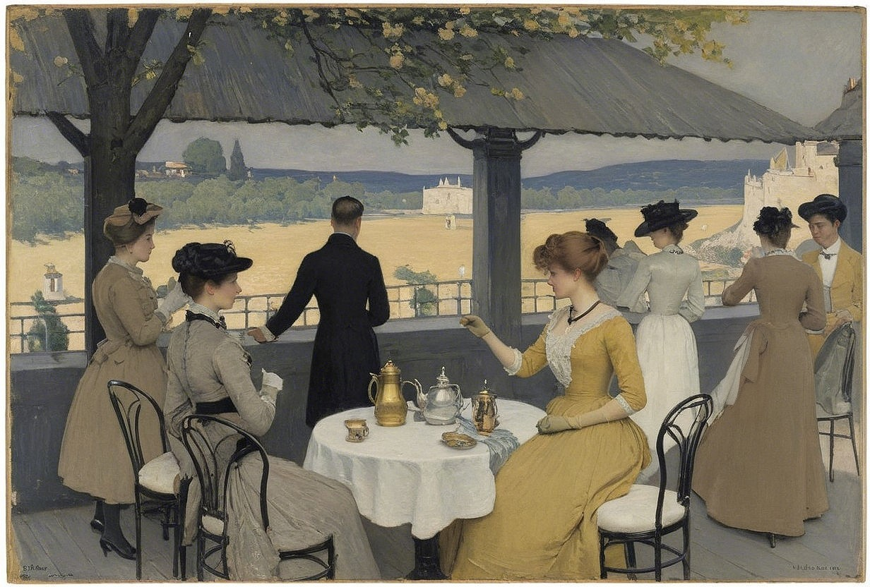 Elegant Tea Gathering on a Sunlit Balcony