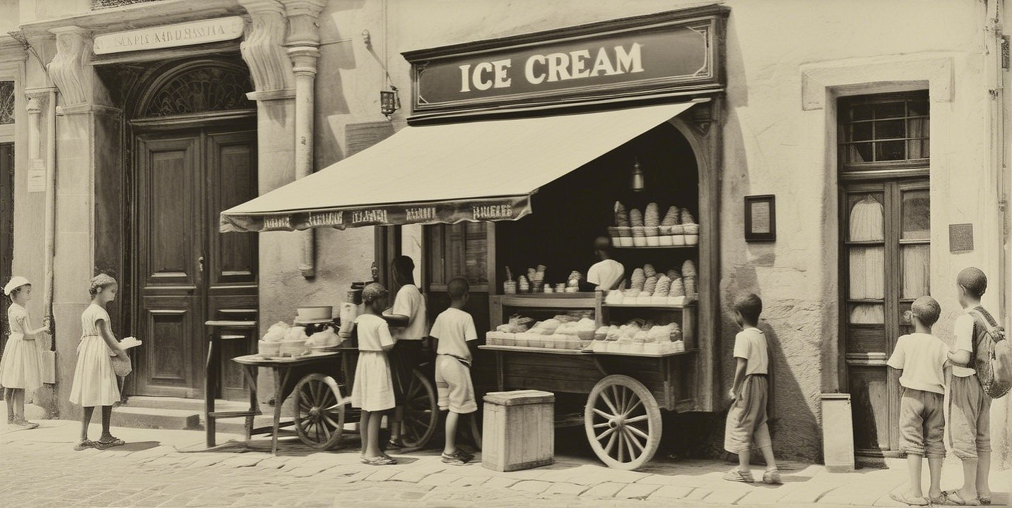 Vintage Ice Cream Vendor Scene with Children and Cart