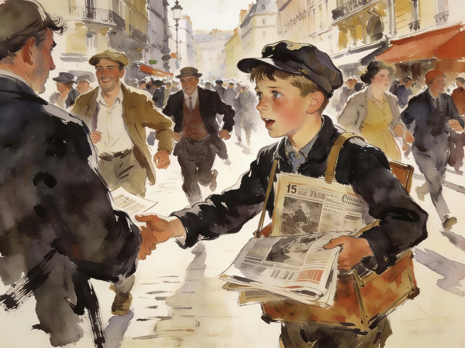Watercolor Painting of a Young Newspaper Boy in Action