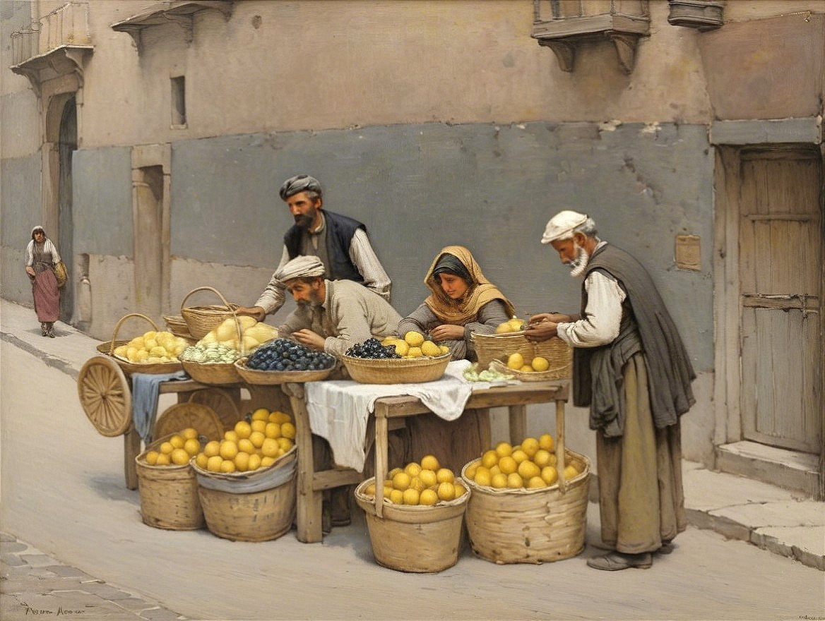 Vibrant Street Market Scene with Fresh Fruits and Vendors