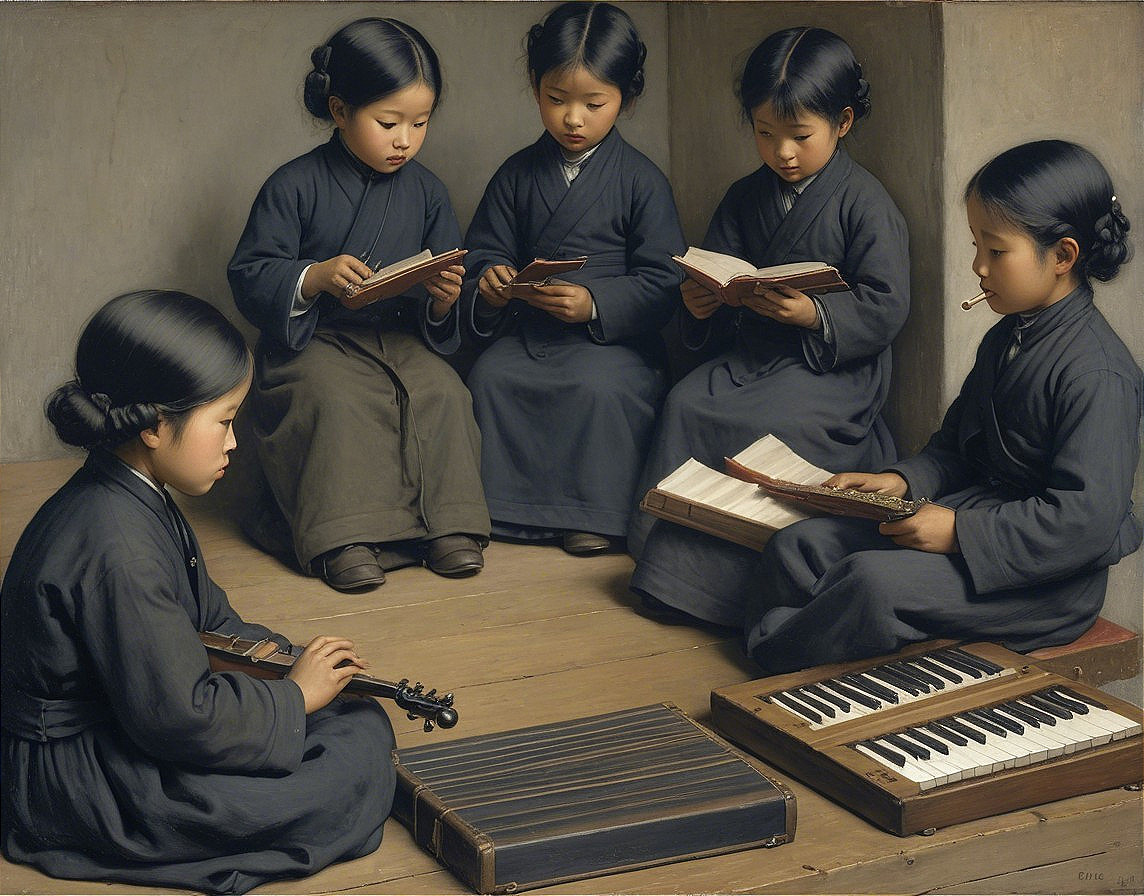 Serene Scene of Girls Reading and Playing Instruments