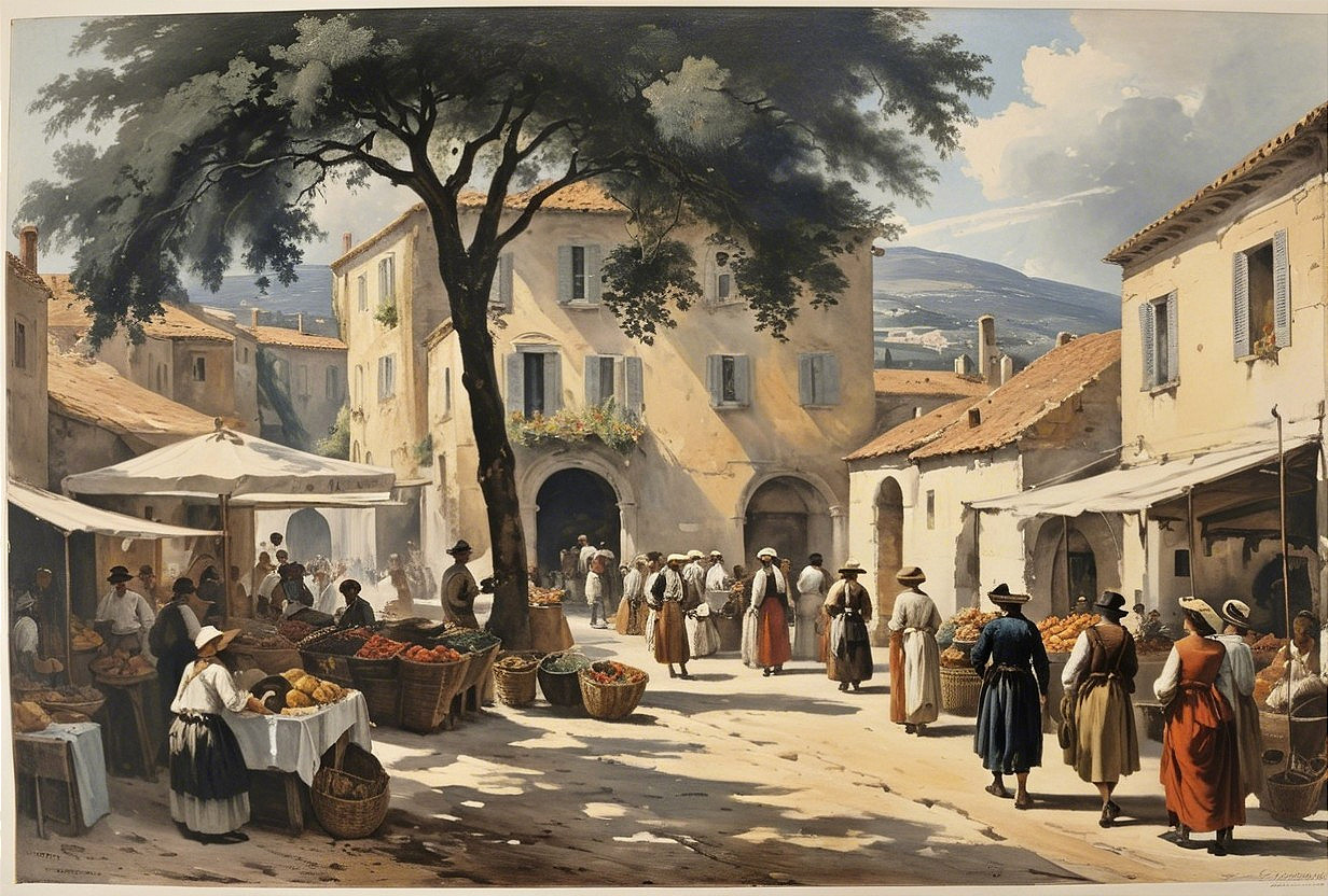 Bustling Village Market Scene with Fresh Produce Stalls