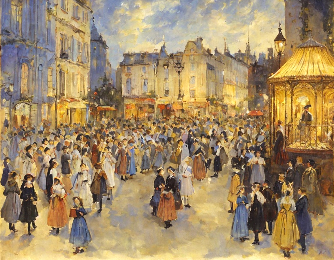 Vibrant Social Gathering in Dusk-lit Square