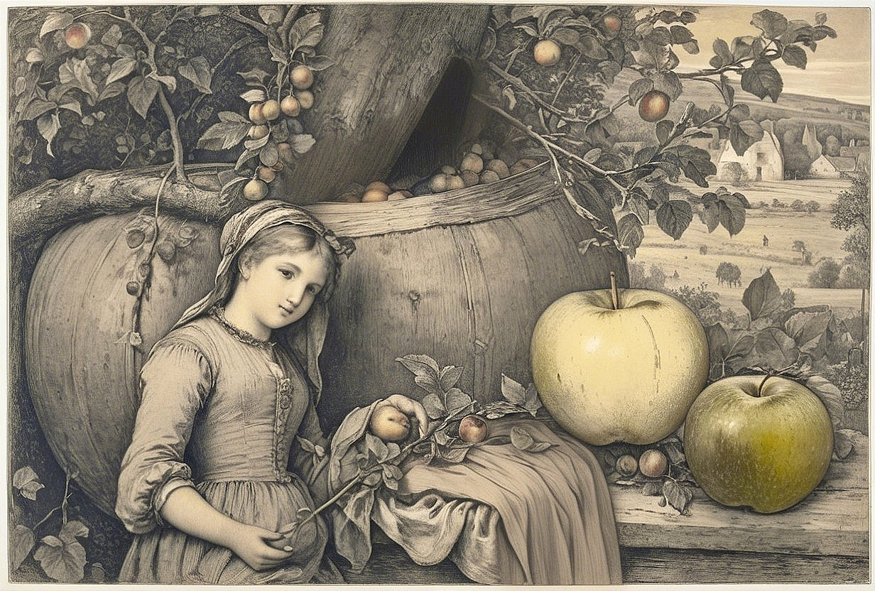 Young Girl in Period Attire with Apples and Landscape
