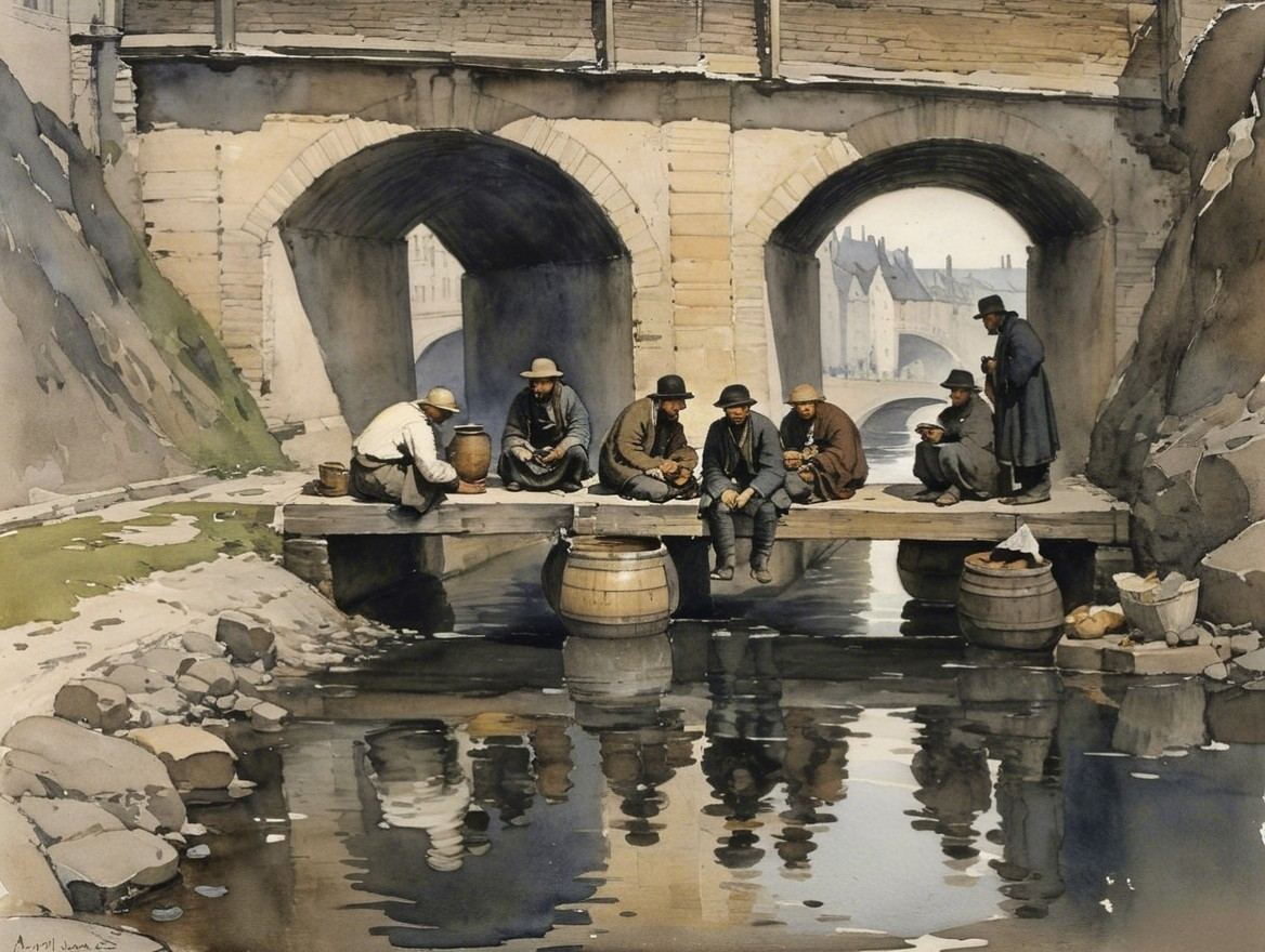 Historical Gathering by a River with Wooden Platform