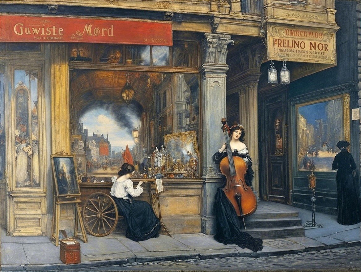Bustling Street Scene with Art and Music in Urban Setting