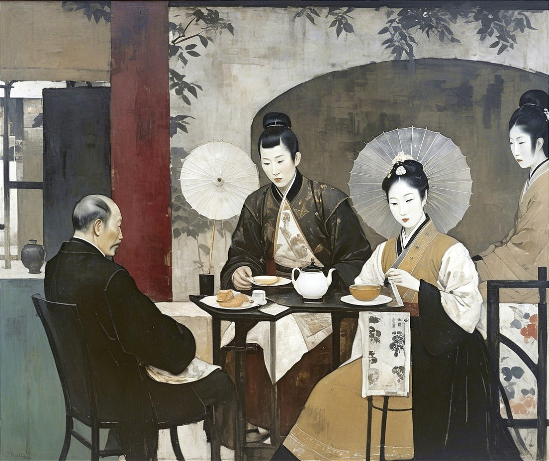 Elegant Tea Ceremony with Women in Traditional Kimonos