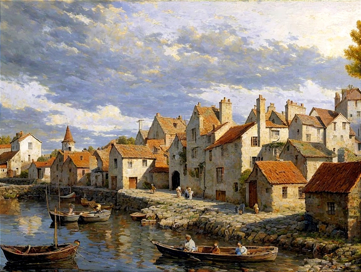 Coastal Village Scene with Stone Houses and River