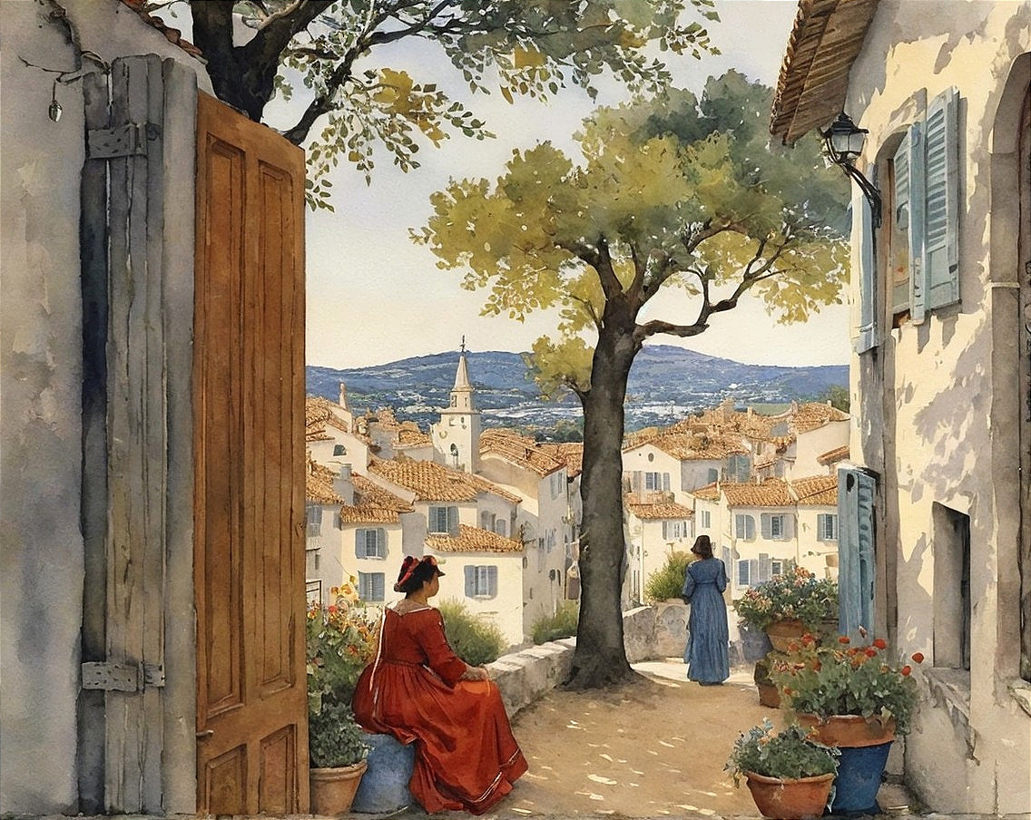 Serene Village View with Woman in Red Dress