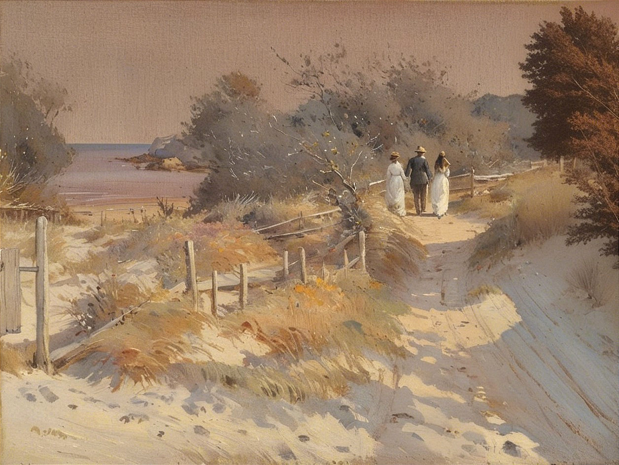 Coastal Scene with Figures on Sandy Path to Sea