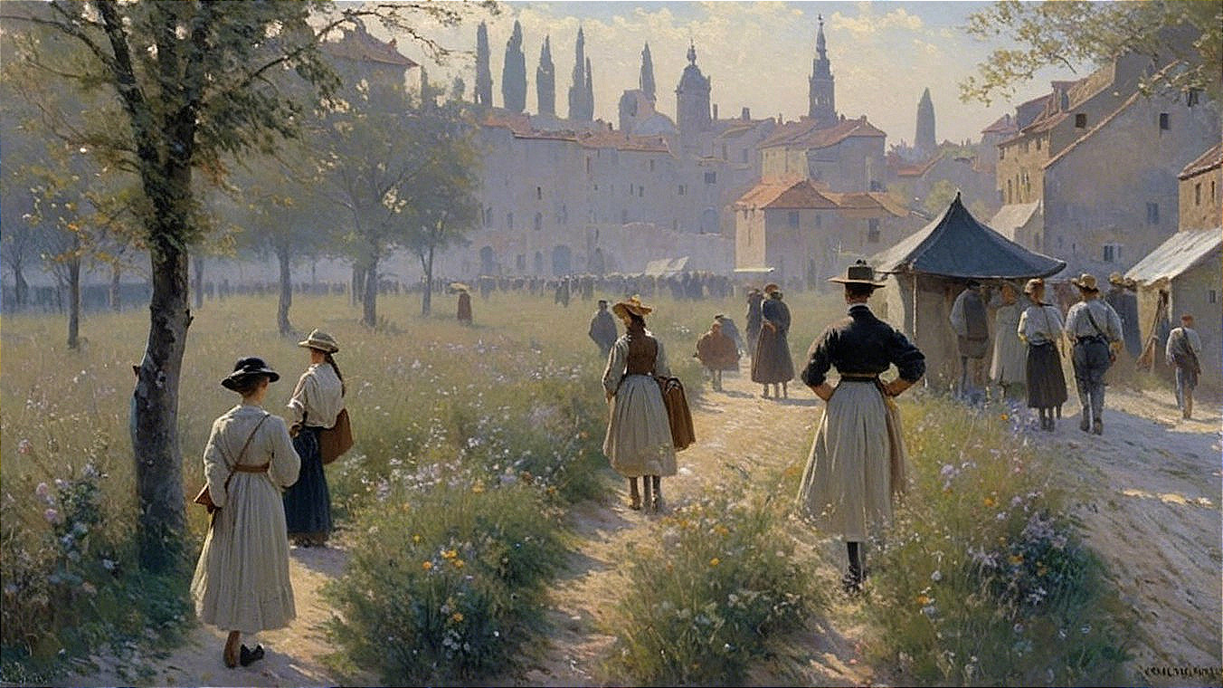 Village Gathering in a Sunlit Meadow Scene