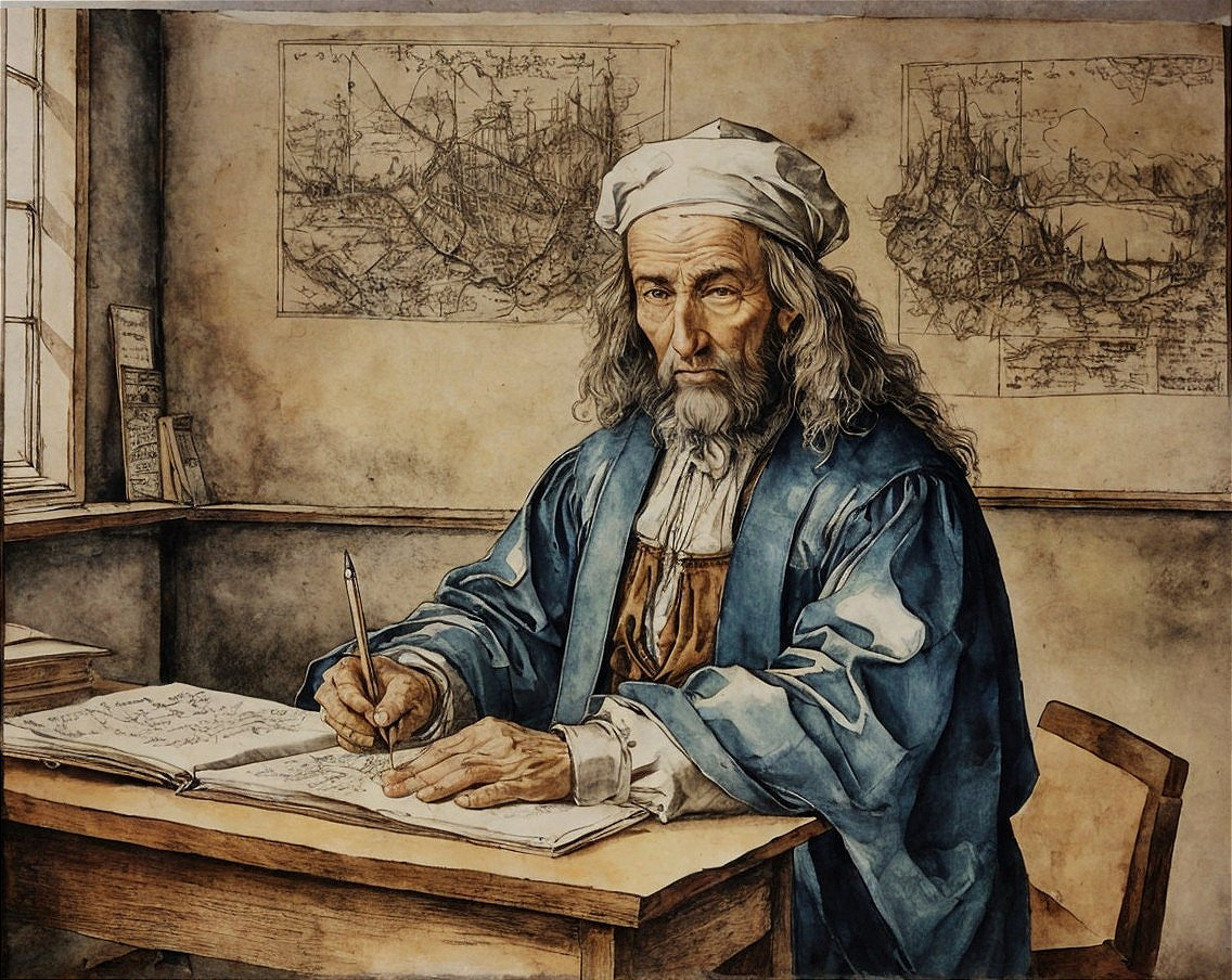 Elderly Scholar Writing at a Wooden Table with Maps