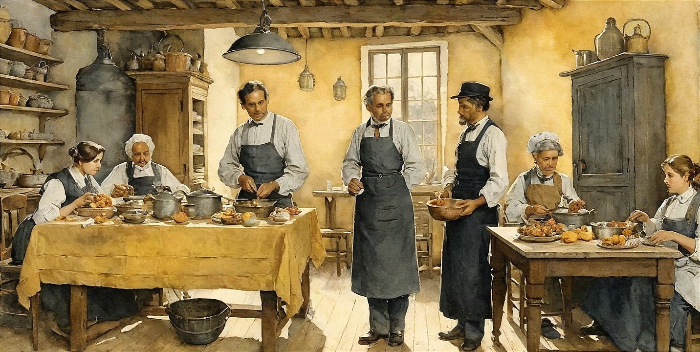 Warm Kitchen Scene with Traditional Cooking Activities