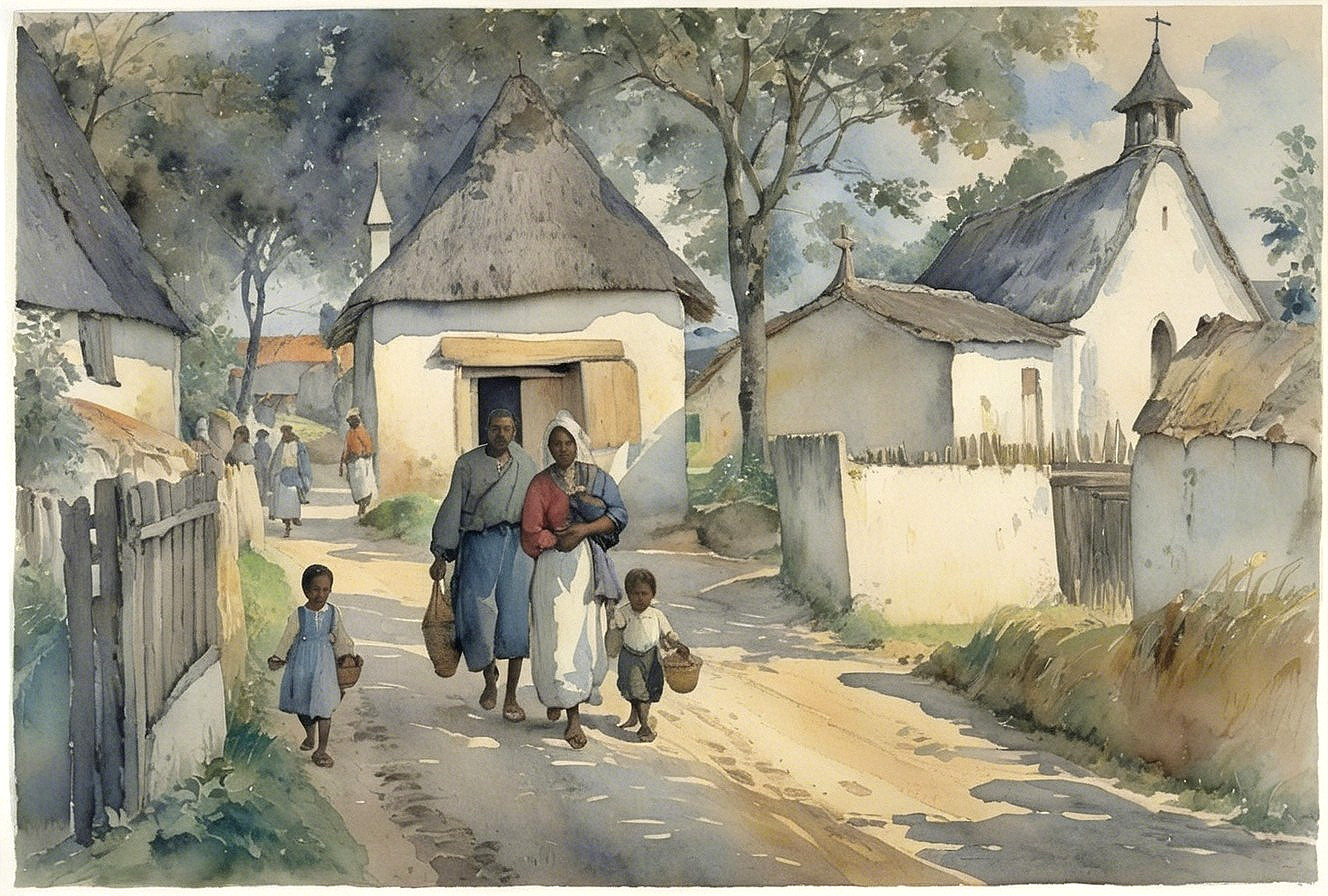 Watercolor Village Scene with Traditional Homes and People