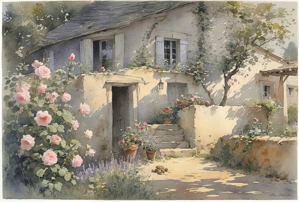 Rustic Cottage Surrounded by Roses and Lavender