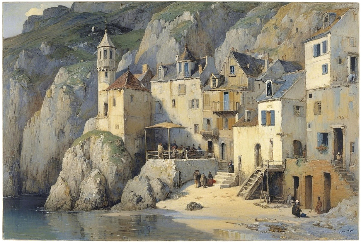 Serene Coastal Village with Cliffs and Beach Activities