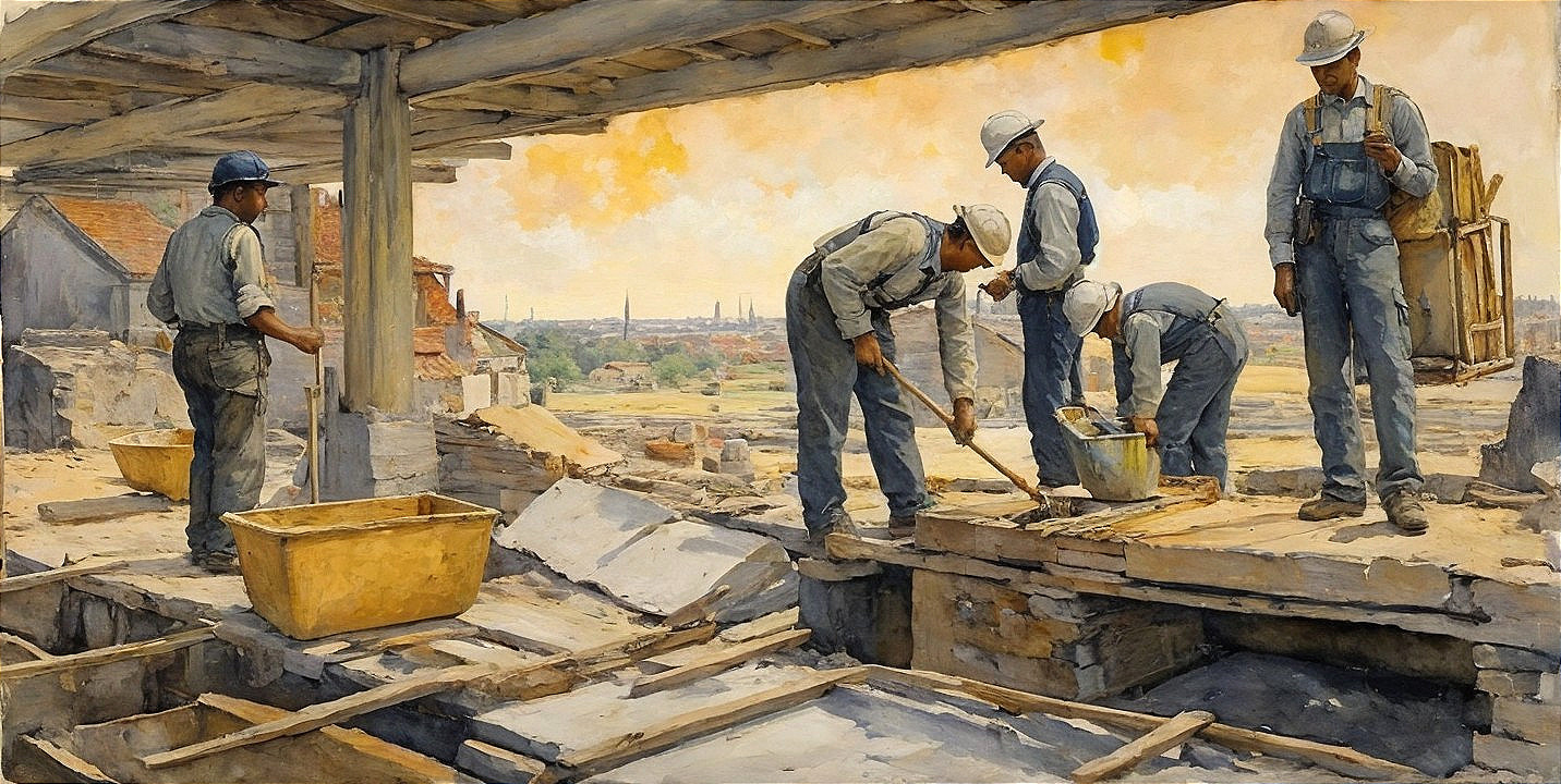 Laborers at a construction site in warm afternoon light