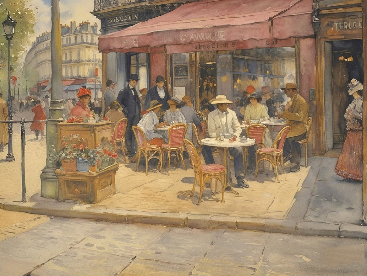 Vibrant Parisian Café Scene in Early 20th Century
