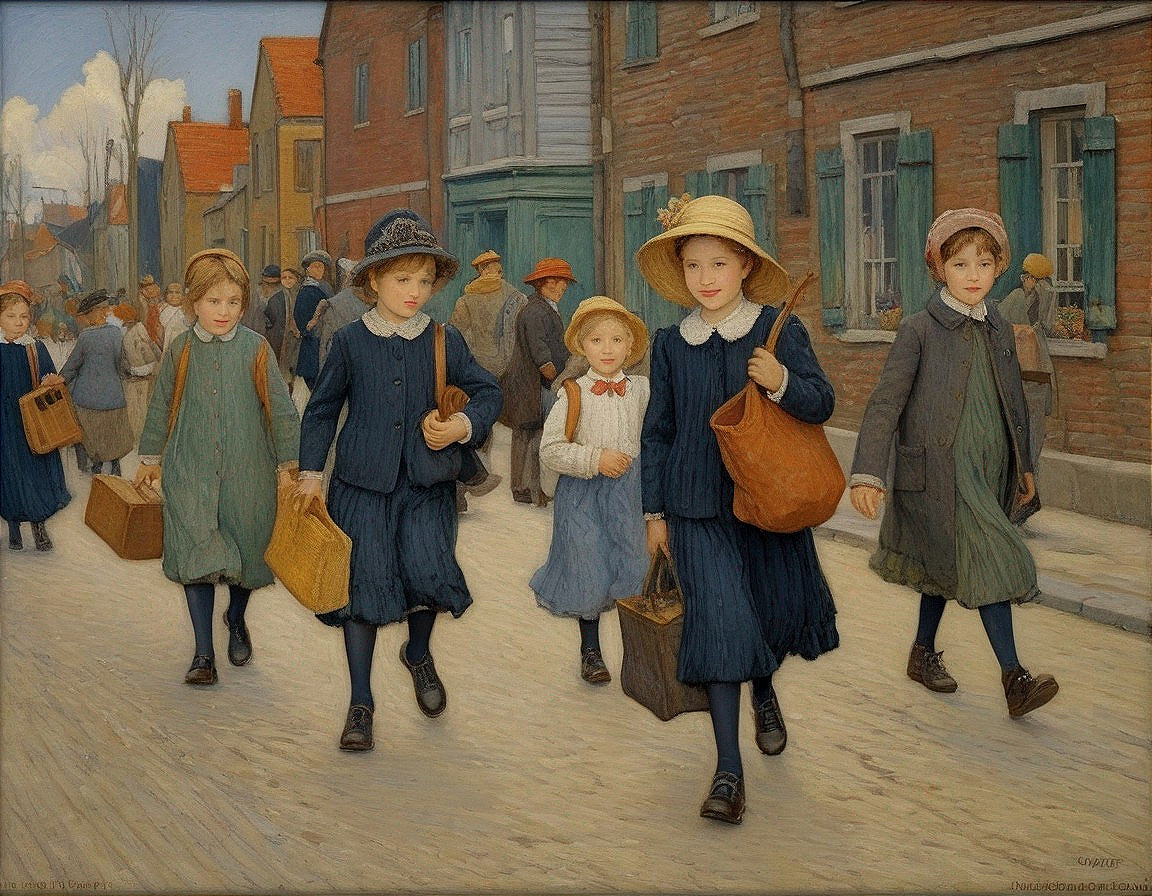 Children in Early 20th Century Attire on Cobblestone Street